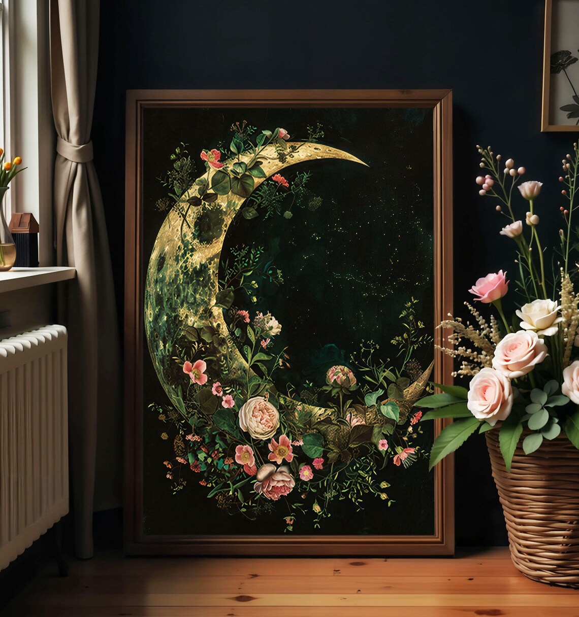 Golden Crescent Moon with Pink Flowers Dark Botanical Night Poster