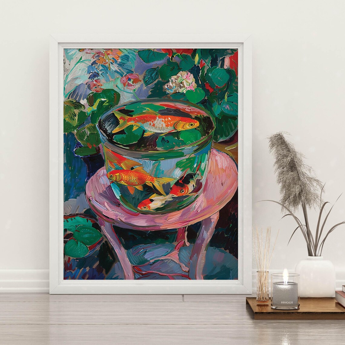Goldfish in a Glass Fishbowl Surrounded by Flowers Art Poster