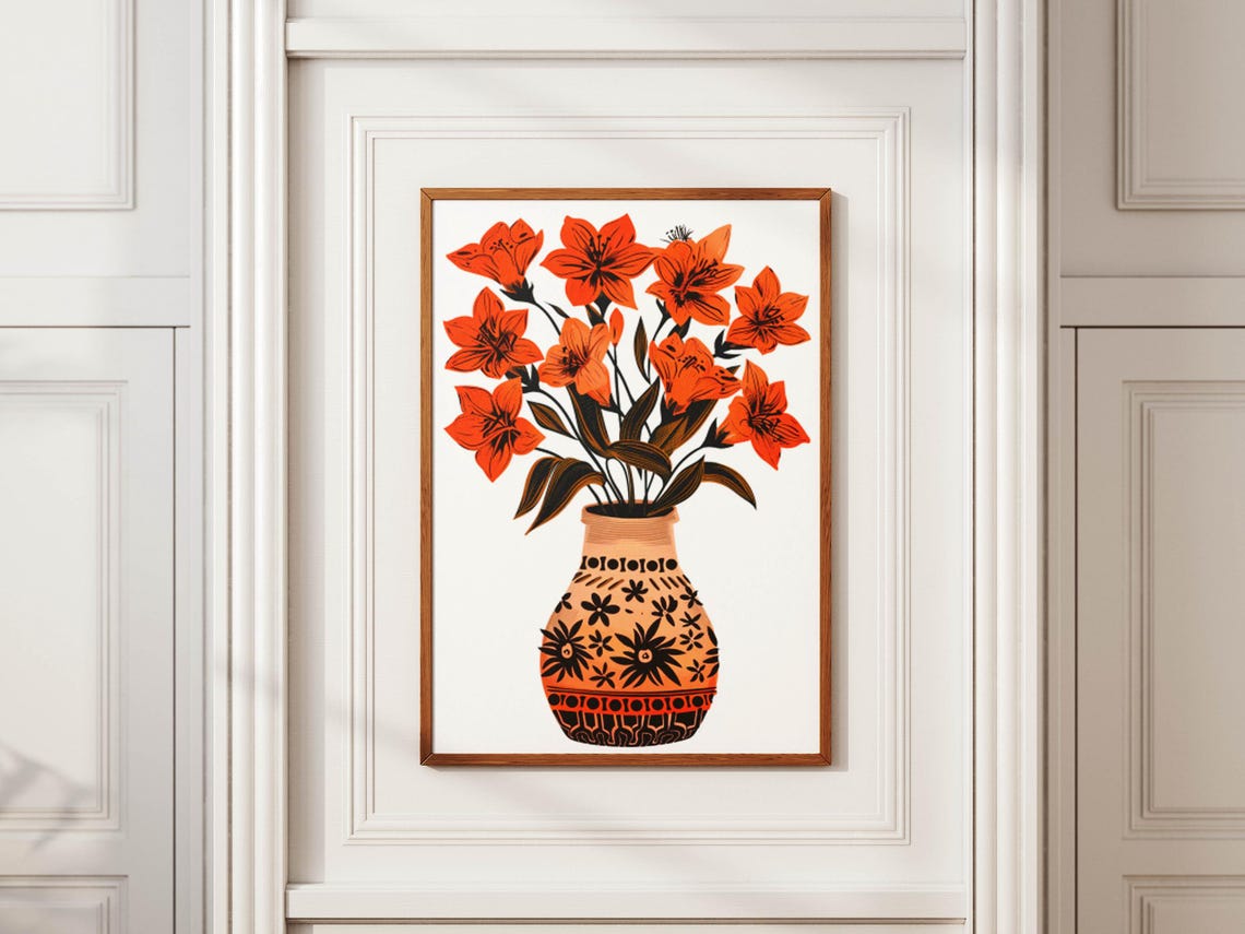 Red Lilies in Patterned Terracotta Vase Folk Art Botanical Poster