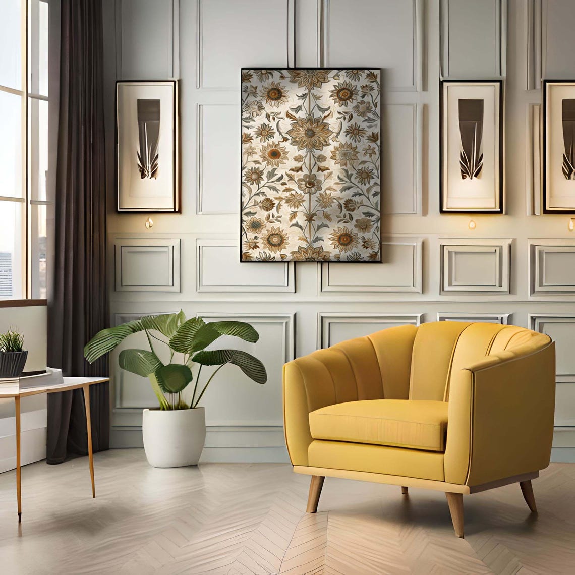Golden Symmetrical Sunflower Tapestry in William Morris Style Poster - Image 5