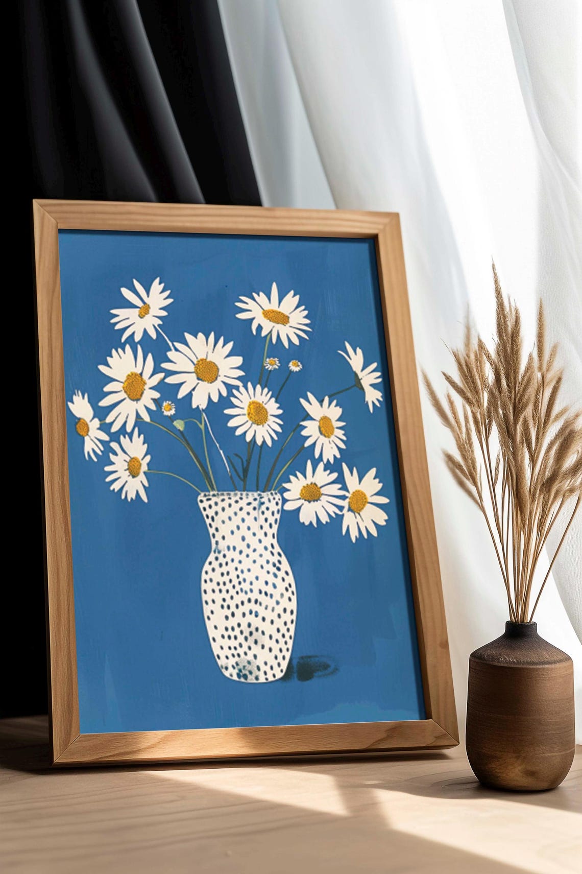 White Daisies in Spotted Vase on Cobalt Blue Modern Floral Poster - Image 3
