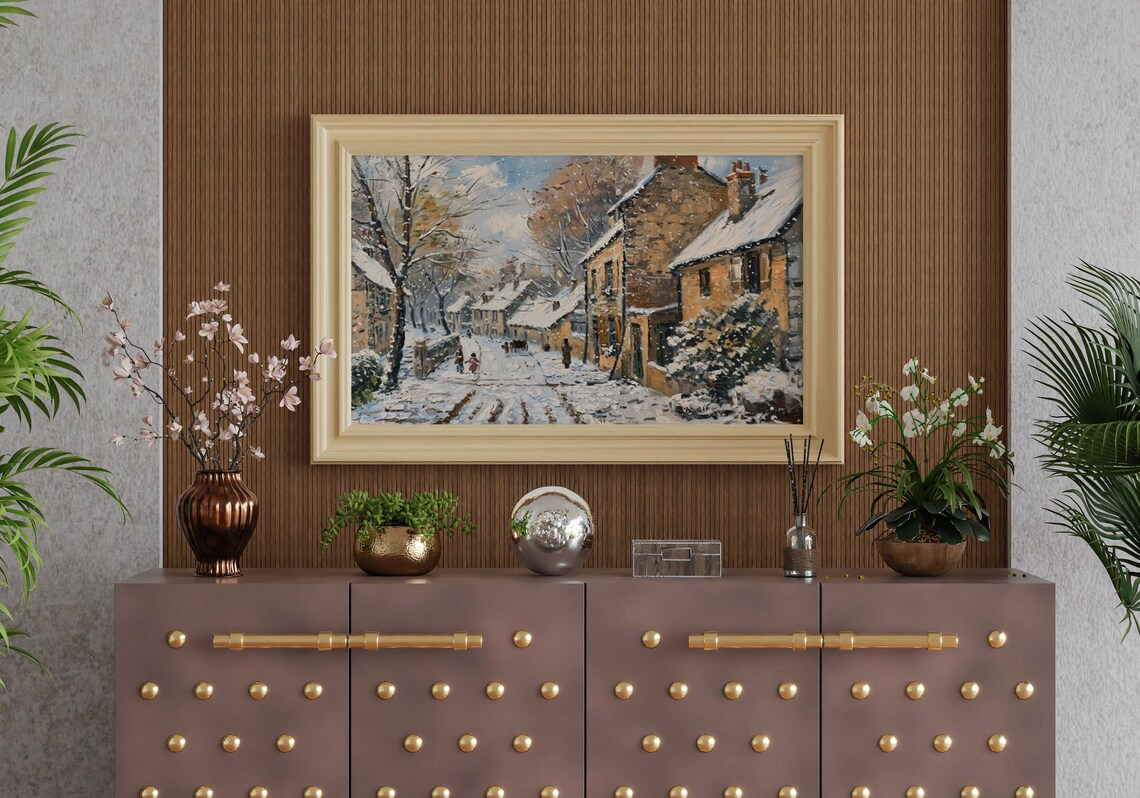 Snowy Village Street with Stone Cottages Impressionist Winter Poster - Image 7