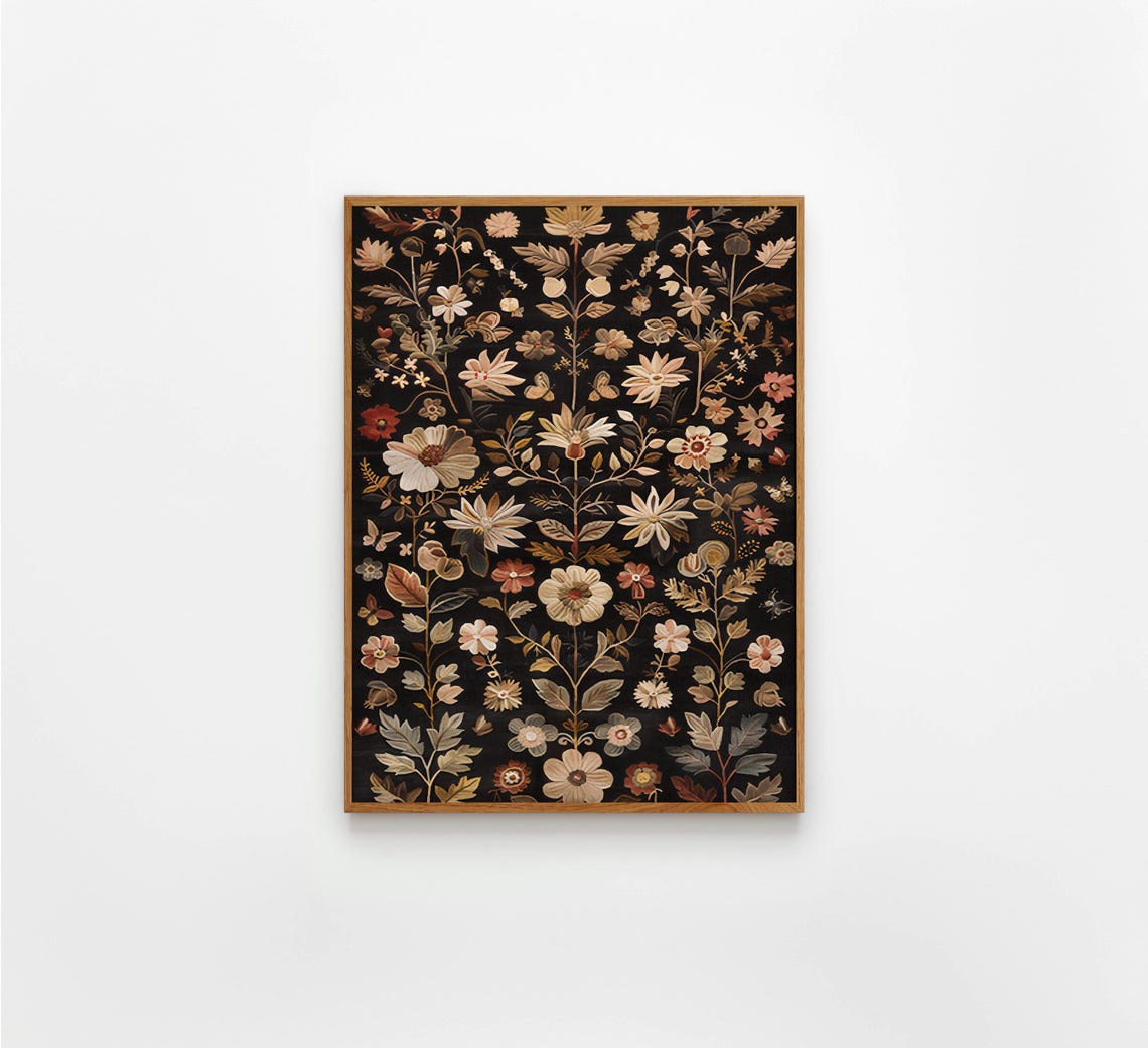 Symmetrical Dark Botanical Tapestry With Pink Blossoms Poster
