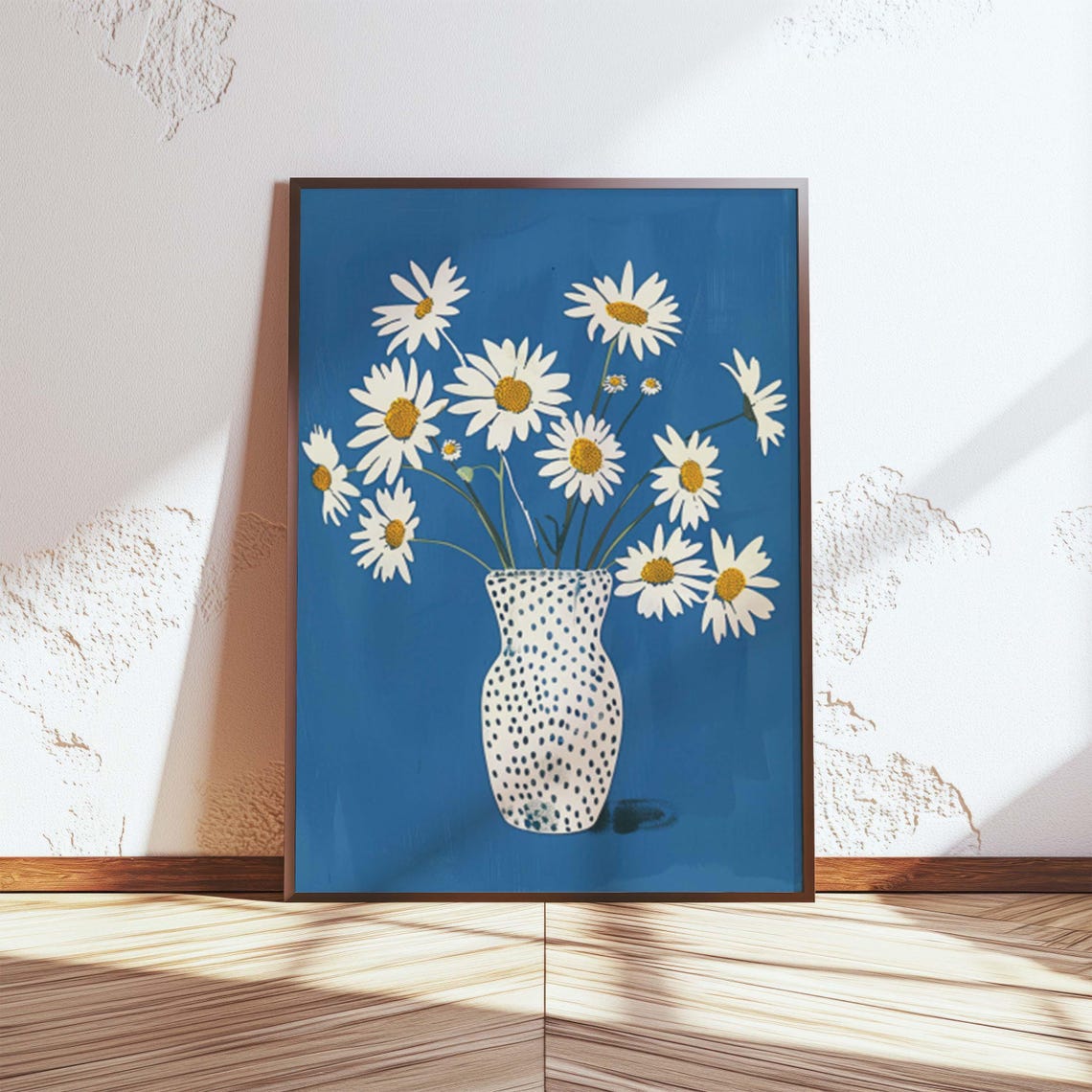 White Daisies in Spotted Vase on Cobalt Blue Modern Floral Poster - Image 4