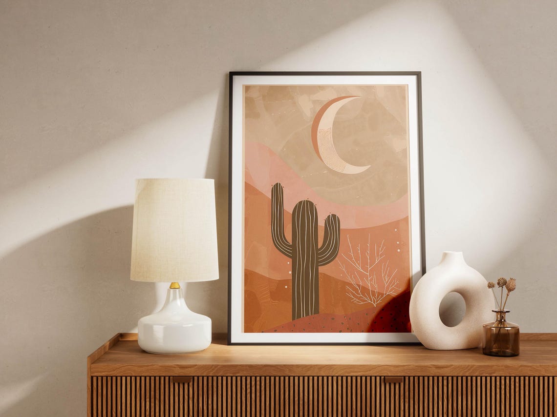 Saguaro Cactus Under a Crescent Moon in Terracotta Desert Poster - Image 2