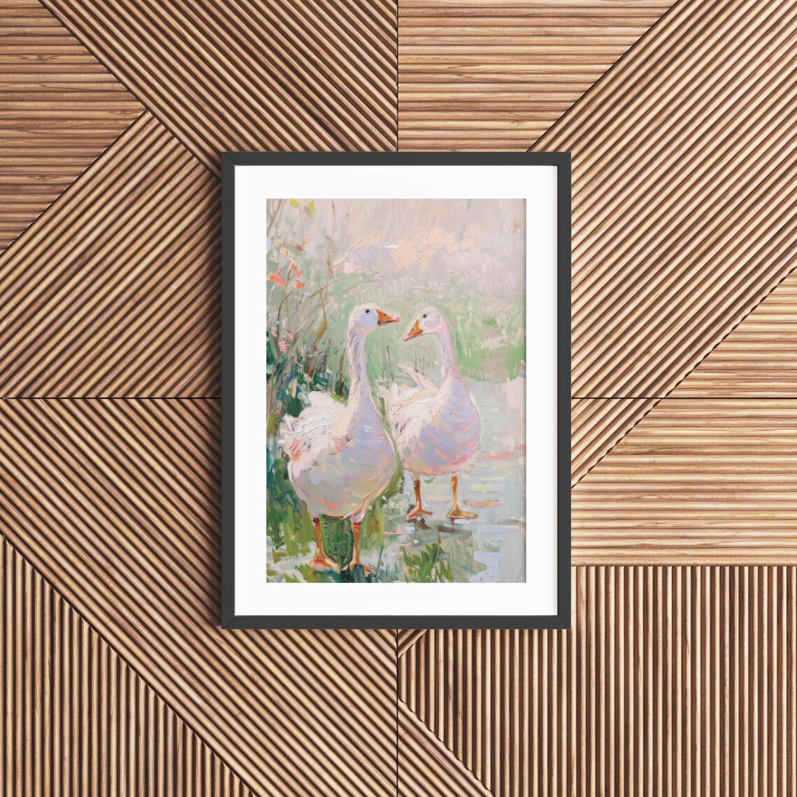Two White Geese by the Water in Soft Pastel Impressionist Oil Poster - Image 6