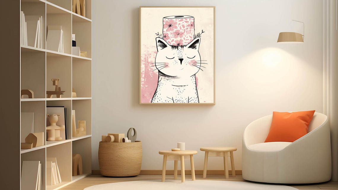 Whimsical Cat Wearing Pink Floral Hat Minimalist Line Art Poster - Image 2
