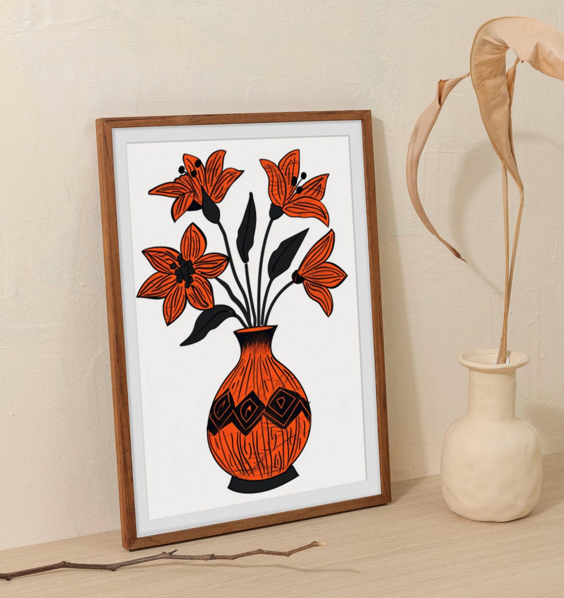 Orange Lilies in Tall Patterned Vase Rustic Botanical Line Art Poster - Image 4