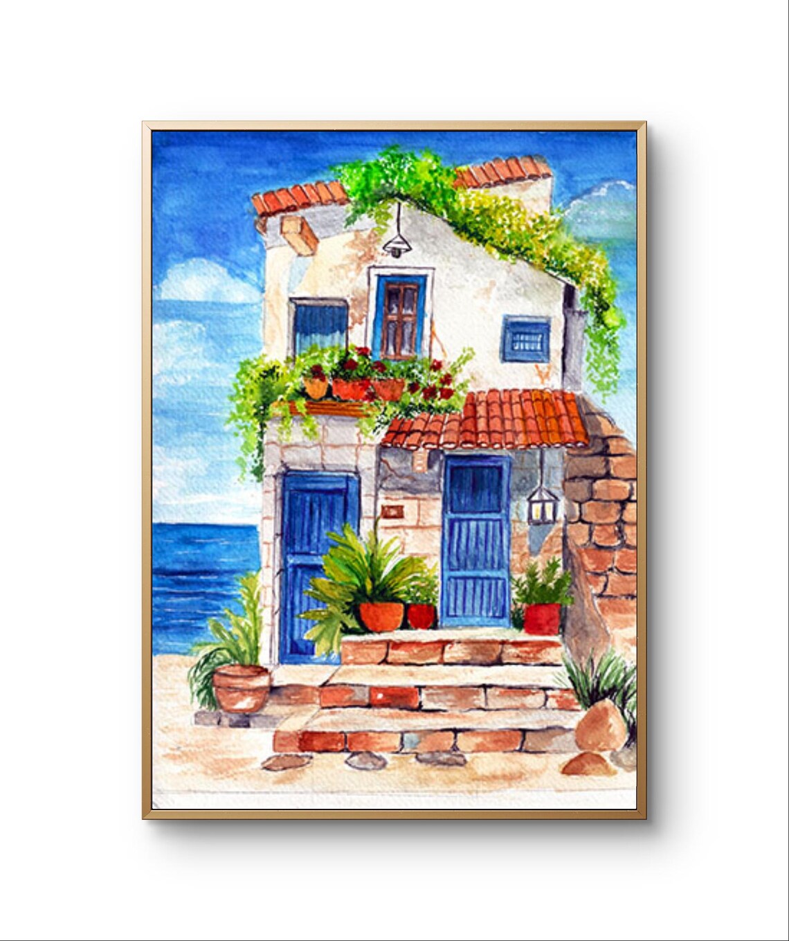Charming Coastal Stone House Blue Shutters Sea View Watercolor Print
