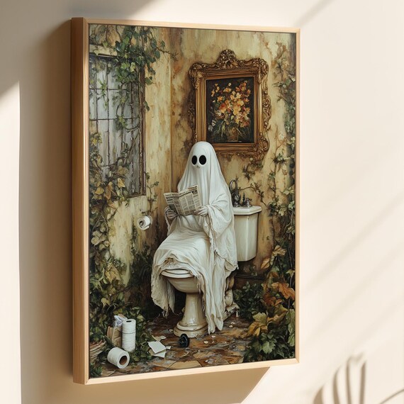 Funny Ghost Reading Newspaper on Toilet in Overgrown Vintage Bathroom Poster