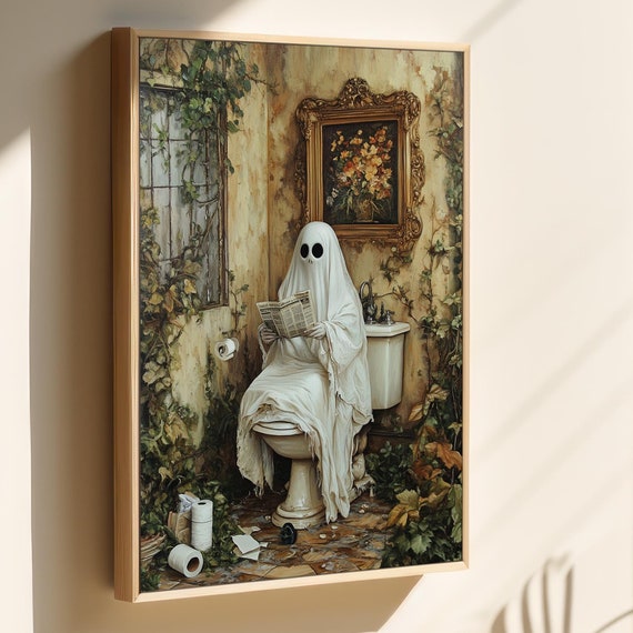 Quirky Ghost Reading Newspaper Wall Art Whimsical Vintage Bathroom Decor With Gothic Humor And Creepy Charm