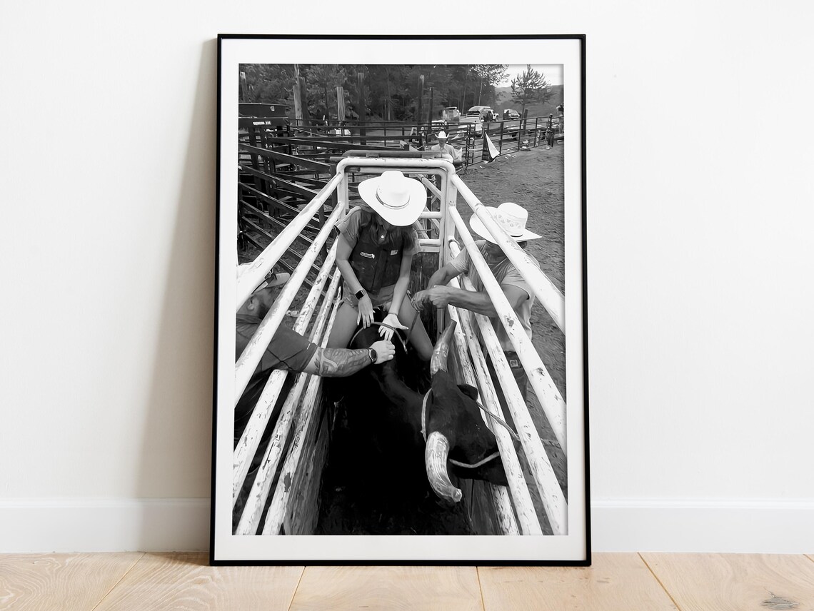 Cowgirl Bull Riding Rodeo Chute Black And White Western Poster - Image 3