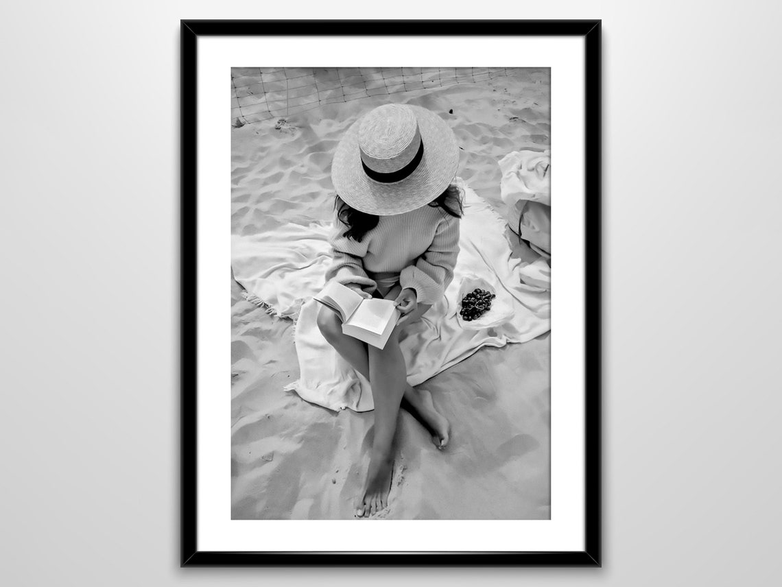 Beach Reading Straw Hat Black White Summer Book Lover Poster - Image 3