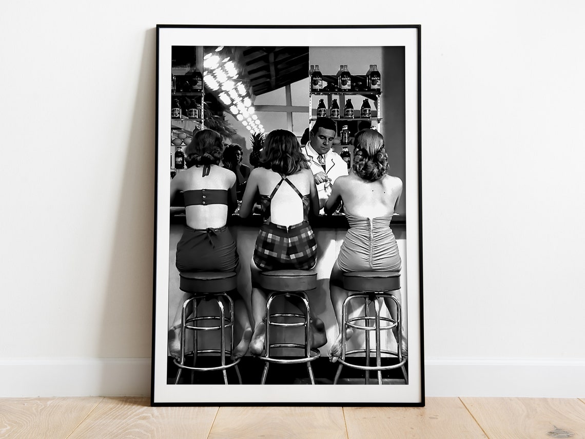 Three Women Sitting at Bar With Bartender Black and White Retro Poster - Image 2