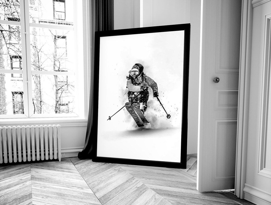 Skier Carving Through Powder Snow Dynamic Black And White Action Poster - Image 4