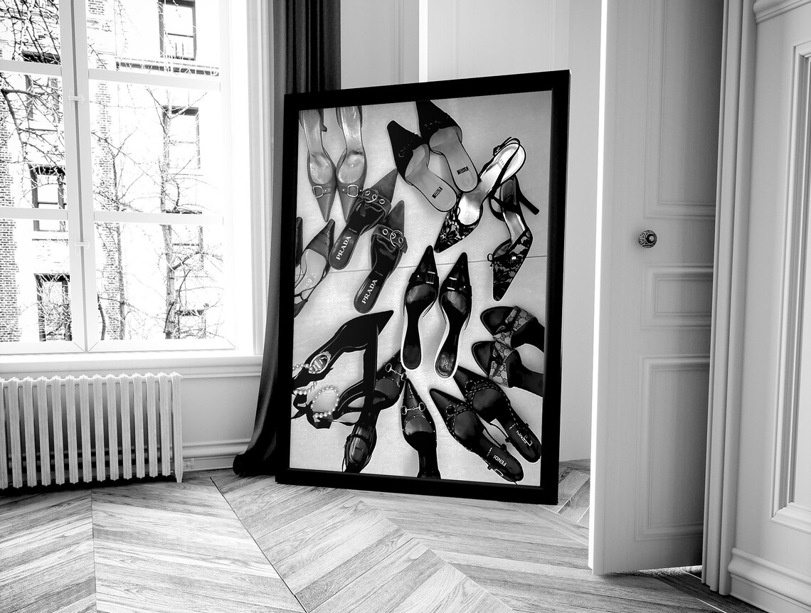 Designer Heels Flat Lay Prada Fendi Black White Fashion Poster - Image 4