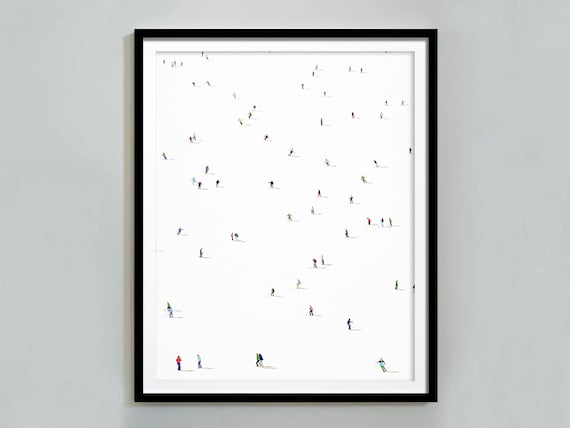 Tiny Colorful Skiers Aerial View Vast White Slope Minimalist Art Poster