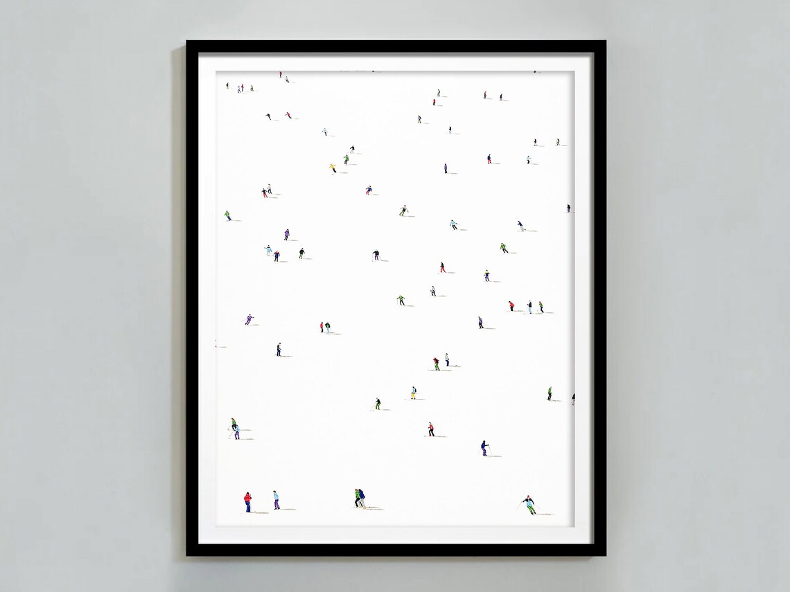 Tiny Colorful Skiers Aerial View Vast White Slope Minimalist Art Poster