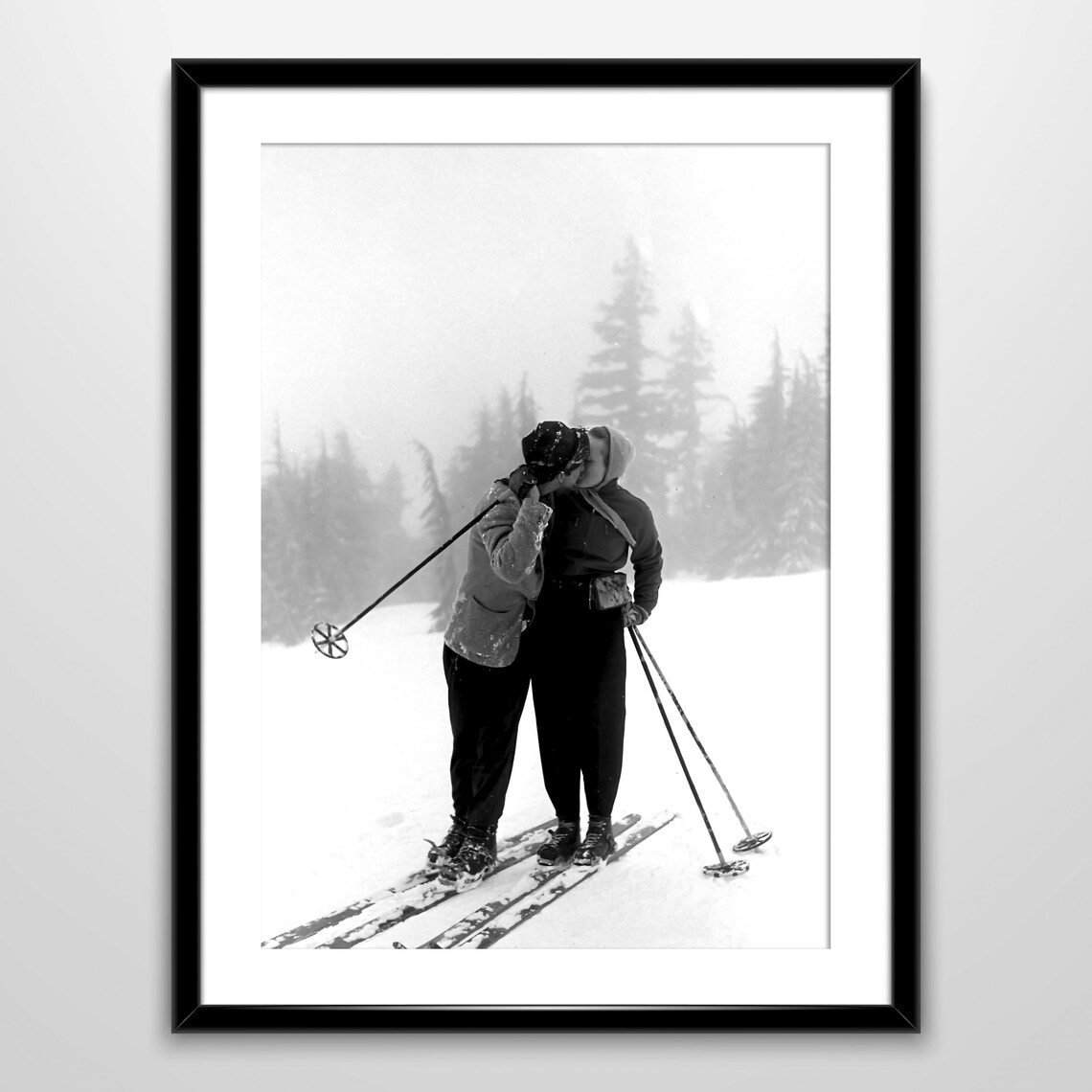 Vintage Couple Kissing On Skis In Snowy Forest Black White Poster - Image 3