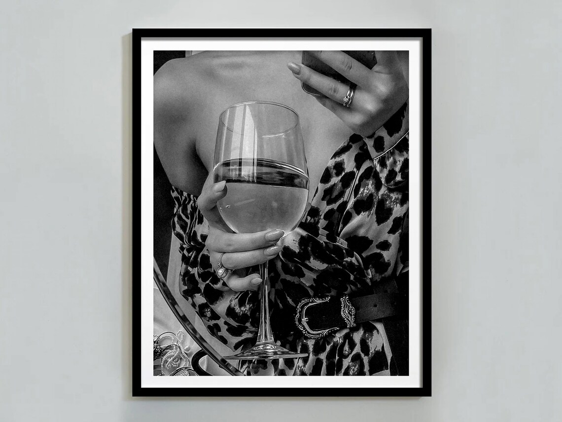 Woman in Leopard Dress Holding Wine Glass Night Out Fashion Poster