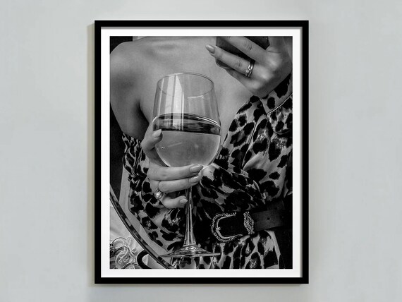 Woman Drinking Wine Print Bar Cart Wall Art Black And White Luxury Fashion Print Designer Wall Art Vintage Bar Decor