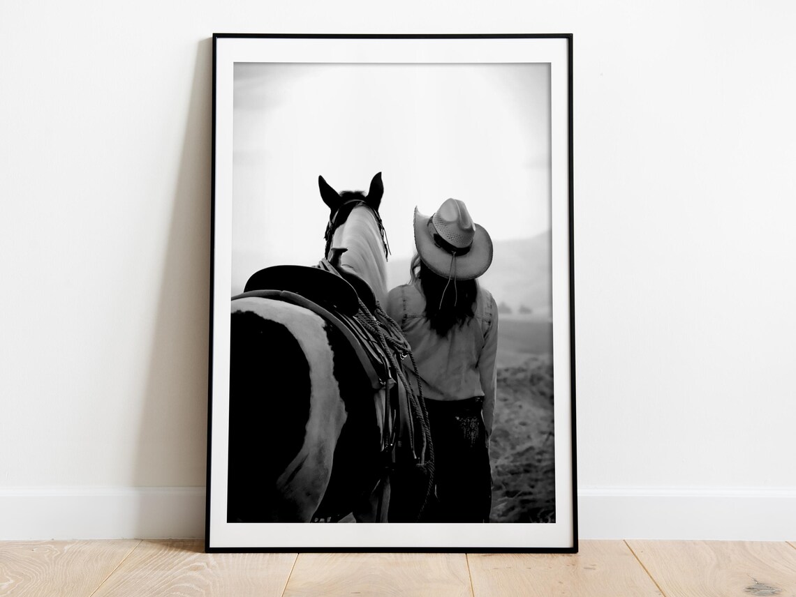 Cowgirl With Horse Mountain Landscape Black And White Art Poster - Image 3