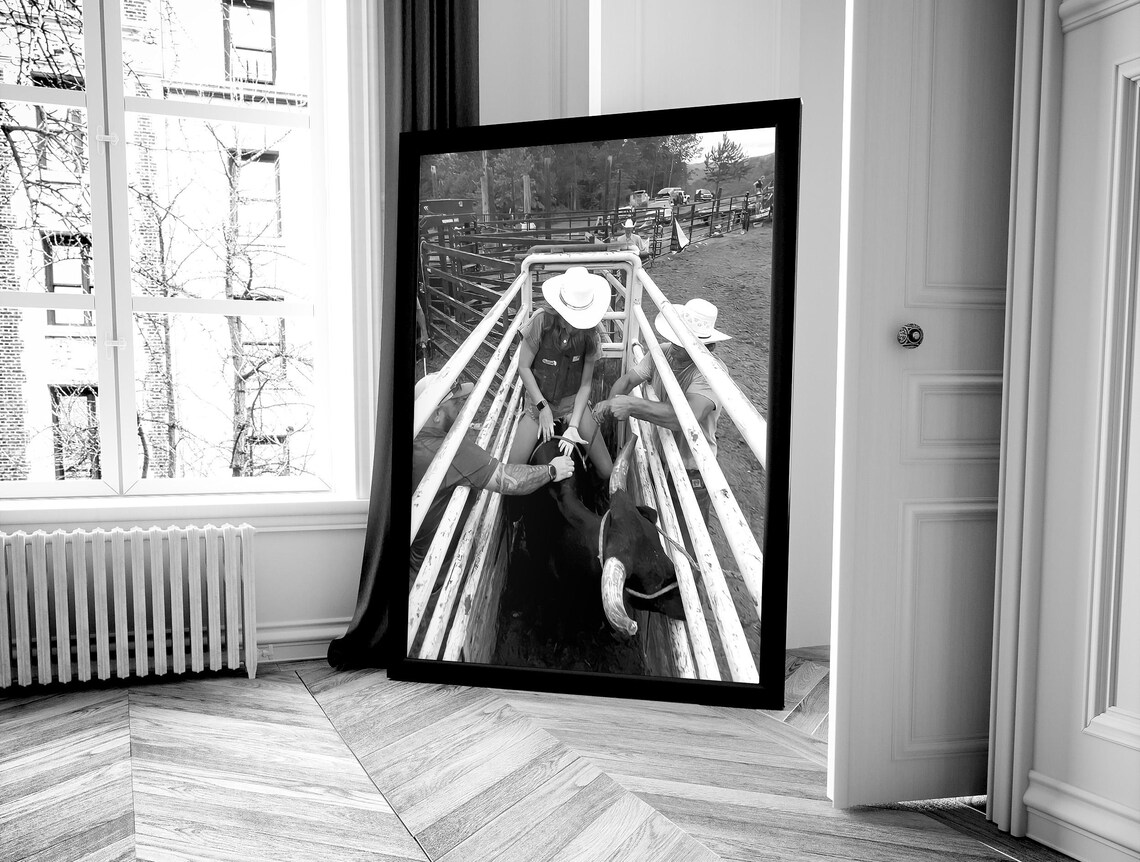 Cowgirl Bull Riding Rodeo Chute Black And White Western Poster - Image 4
