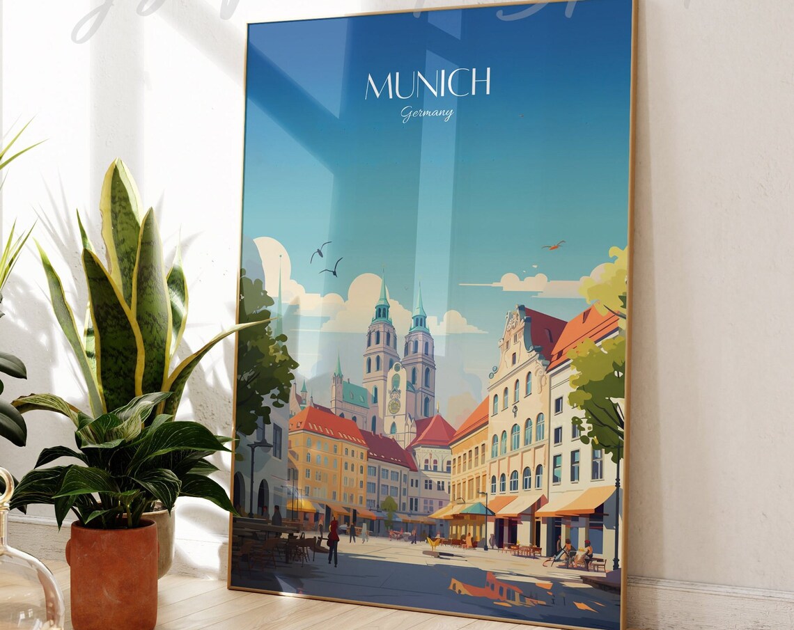 Munich Germany Twin Towers Old Town Square City Travel Poster