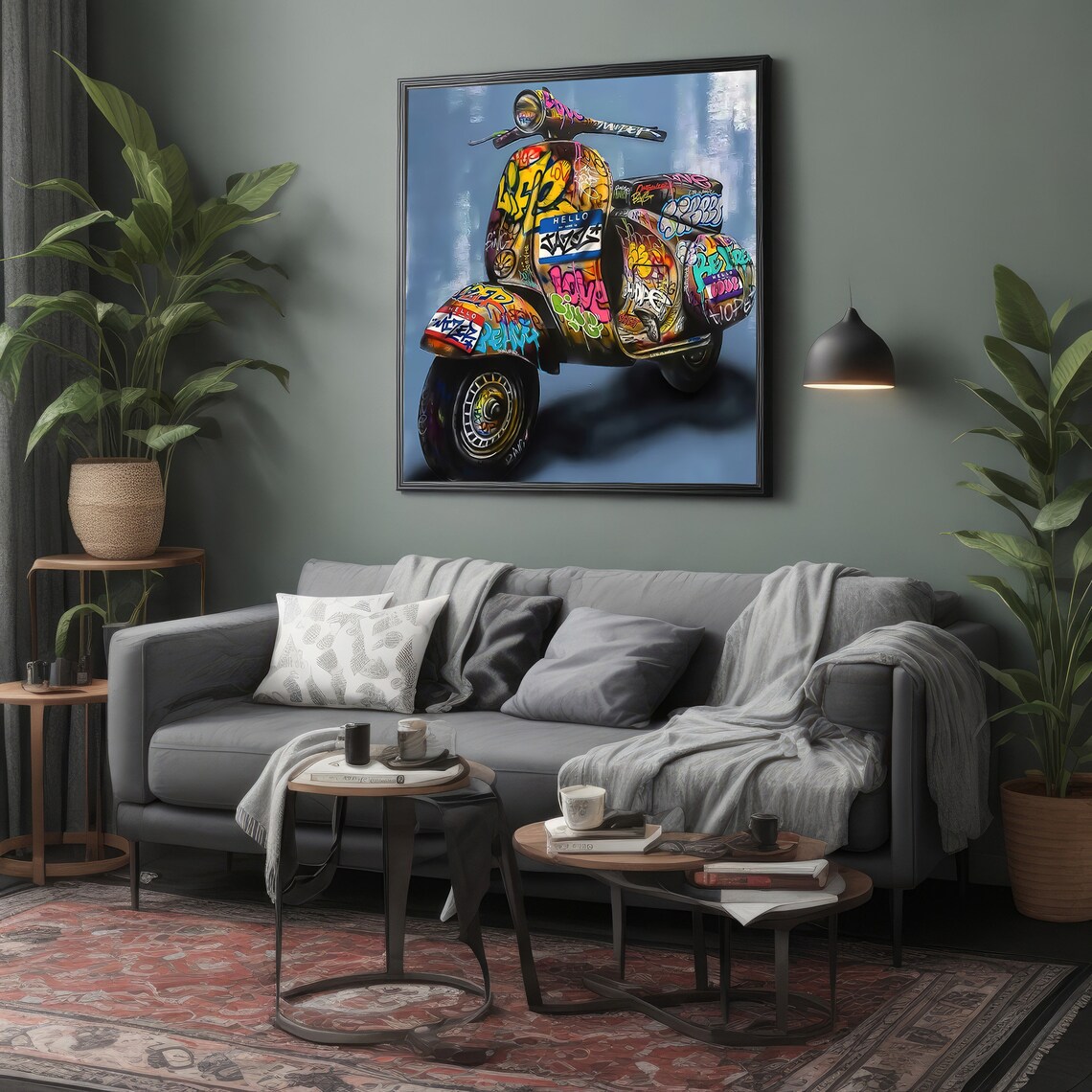 Graffiti Covered Scooter, Bold Urban Decor