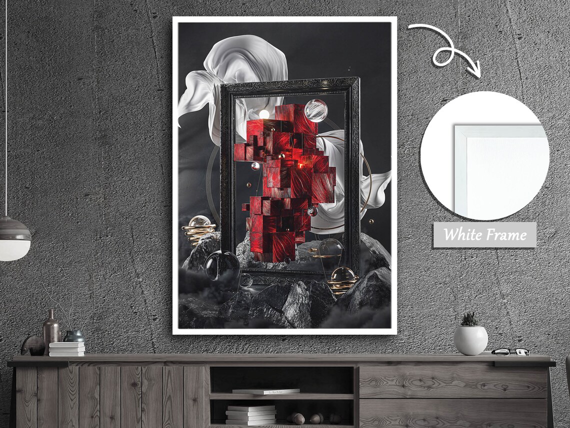 Red Cube Geometric Abstraction, Mixed Media Art - Image 3