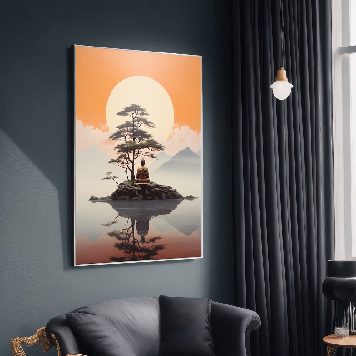 Peaceful Meditation At Sunset, Buddha Silhouette Art Print