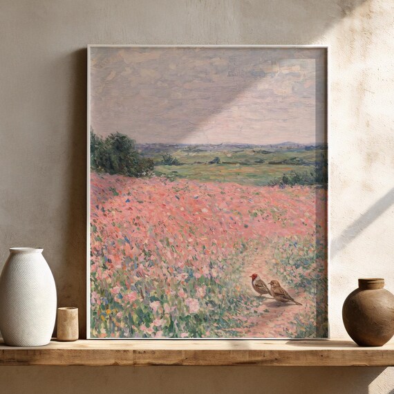 Wildflower Field Birds Poster Impressionist Pastel Floral Artwork