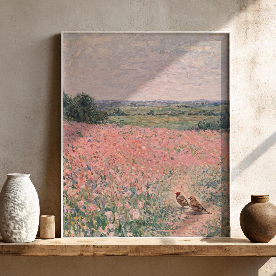 Wildflower Field Birds Poster Impressionist Pastel Floral Artwork