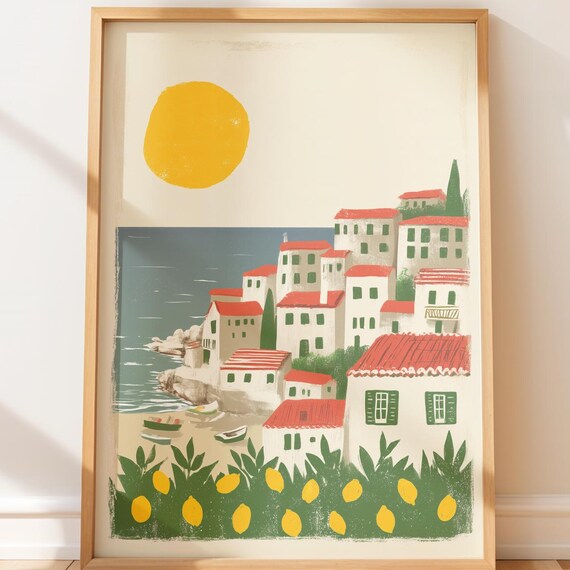 Mediterranean Coastal Village Lemon Sun Summer Holiday Print