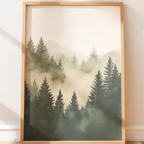 Misty Evergreen Forest Print Moody Watercolor Wall Art Japandi Style Landscape Decor