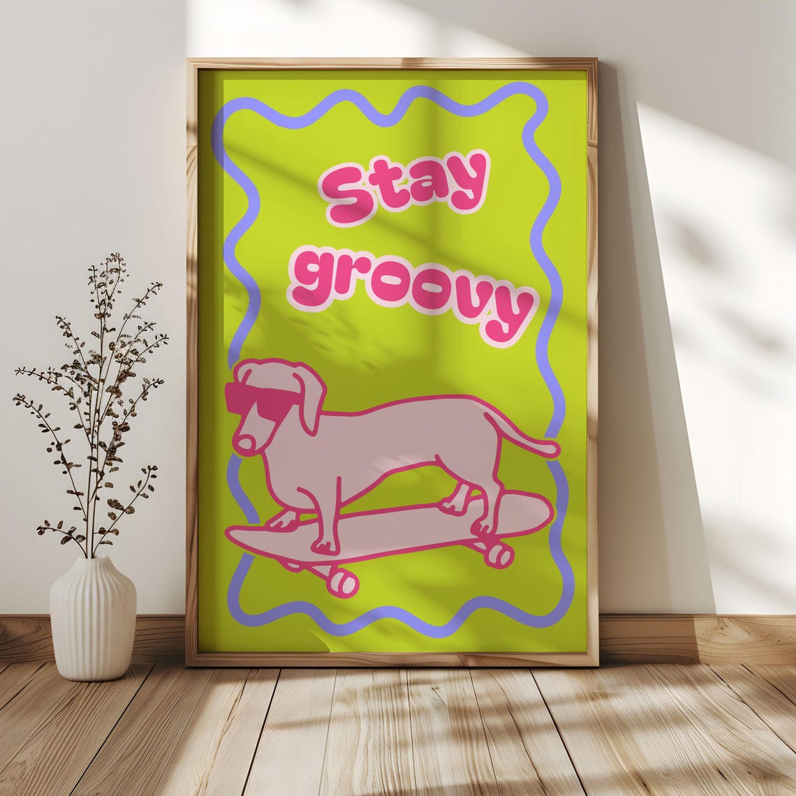 Stay Groovy Dachshund on Skateboard Poster with Neon Retro Colors