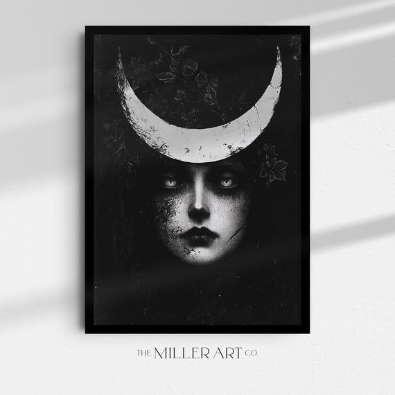 Dark Moon Goddess Art Print Ethereal Gothic Witch Decor