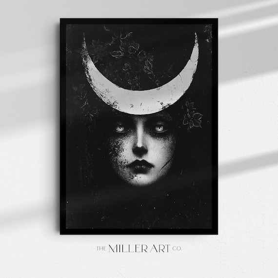 Dark Moon Goddess Crescent Crown Gothic Black and White Wall Art