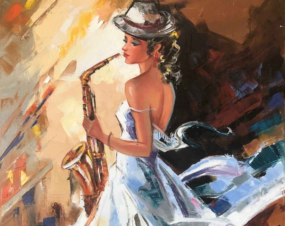 Elegant Woman Oil Painting Original Female Art Work Saxophonist Gifts Woman Playing Saxophone Painting Jazz Wall Art Saxophone Gifts - Image 2