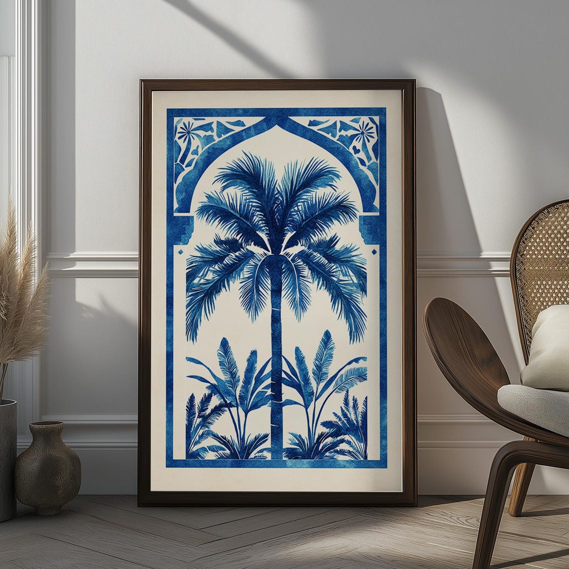 Blue Palm Tree in Arabic Arch Indigo Coastal Tropical Wall Art