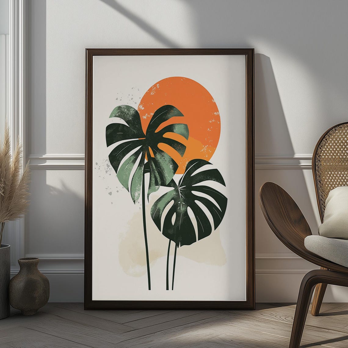 Monstera Leaves Under Orange Sun Minimalist Tropical Wall Art