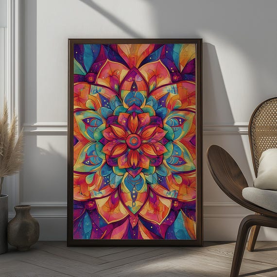 Vibrant Mandala Wall Art Colorful Abstract Bohemian Artwork With Intricate Patterns Bold Spiritual Decor For Meditation Or Living Spaces