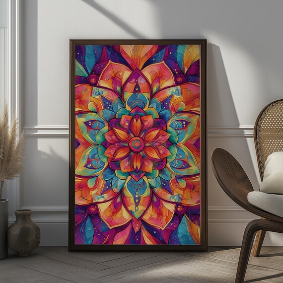 Vibrant Rainbow Mandala Flower Bohemian Spiritual Yoga Art Poster
