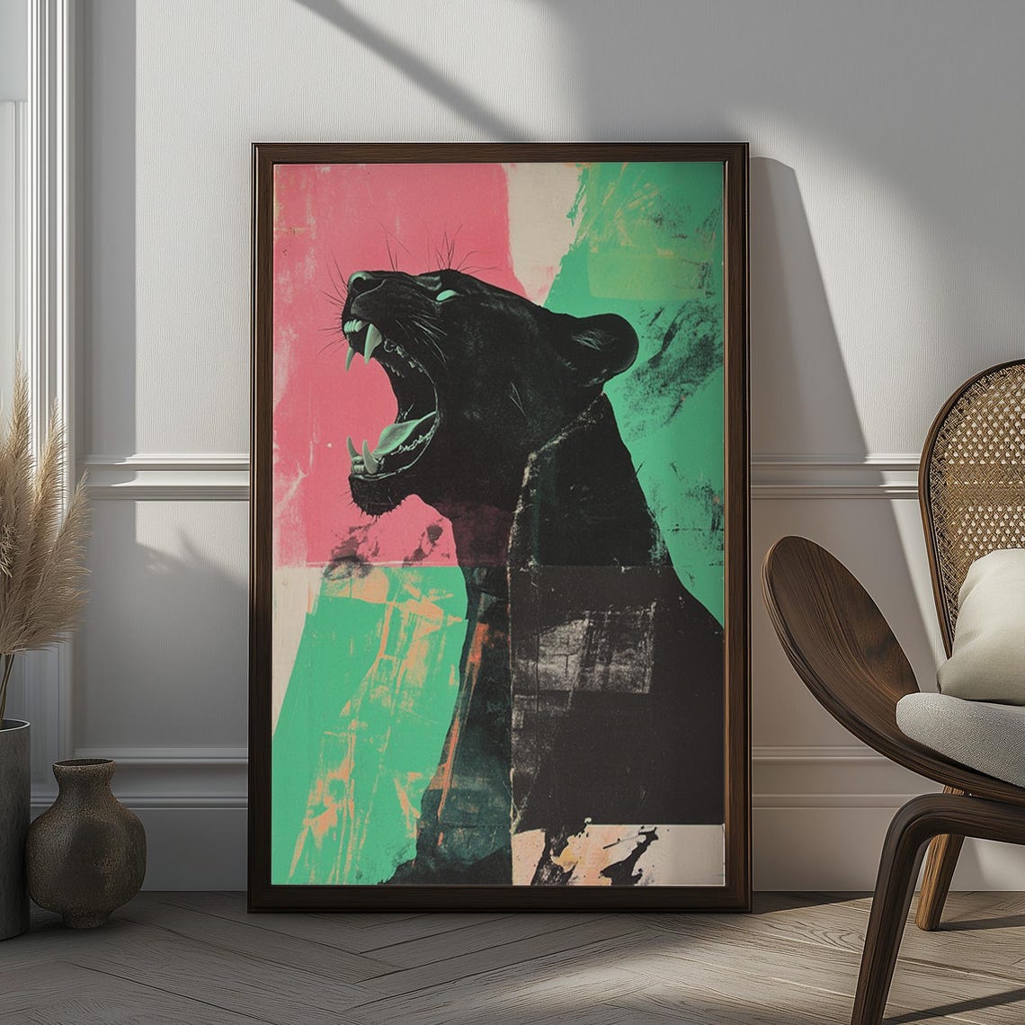 Roaring Black Panther Pop Art Pink and Green Bold Statement Poster