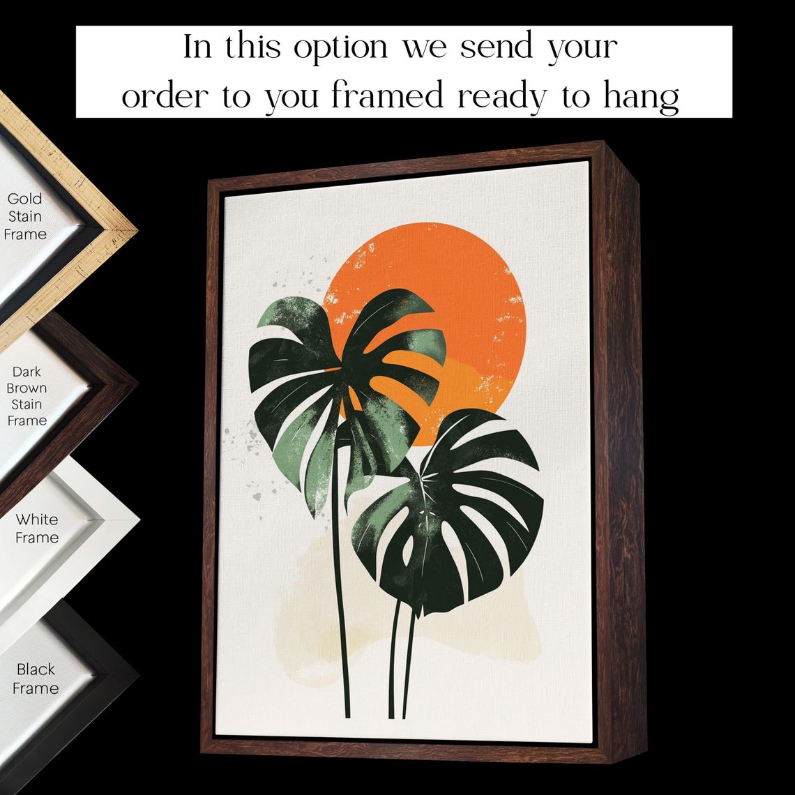 Monstera Leaves Under Orange Sun Minimalist Tropical Wall Art - Image 2