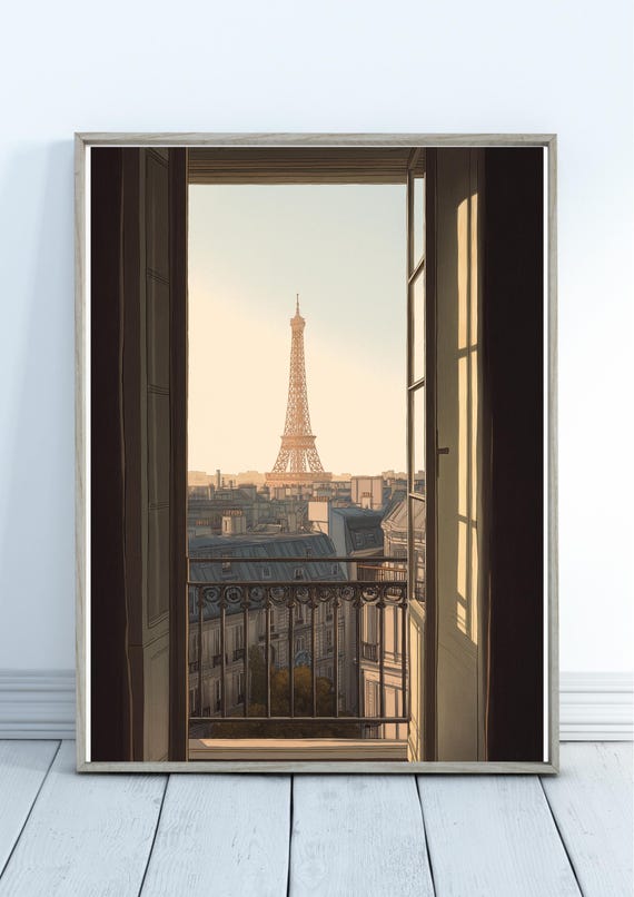 Paris Painting Eiffel Tower Balcony View Watercolor Art Print France Cityscape Sunset Evening Wall Decor Large Travel Poster