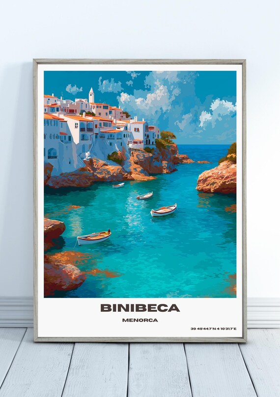 Binibeca Menorca Spain Whitewashed Cove Turquoise Coast Travel Art Poster