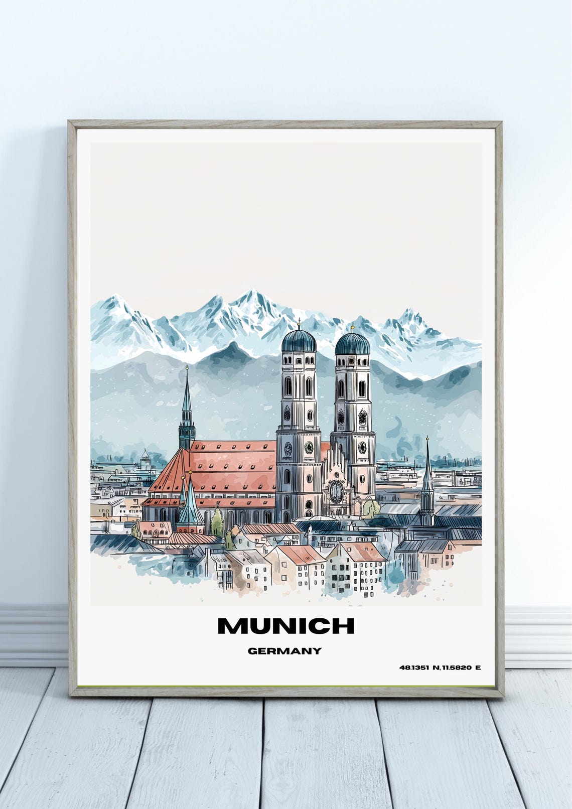 Munich Watercolour Poster Germany Travel Print Wall Art Home Decor Gift Lovers Cityscape
