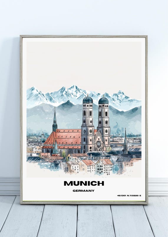 Munich Watercolour Poster Germany Travel Print Wall Art Home Decor Gift Lovers Cityscape