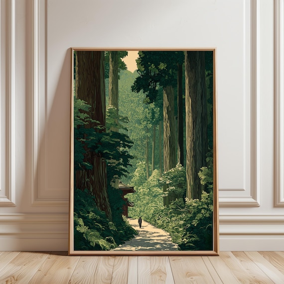 Vintage Japanese Forest Poster Woodblock Art Inspired By Road To Nikko Kawase Hasui Japandi Decor Botanical Wall